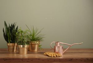 brass-colored garden water can on brown table